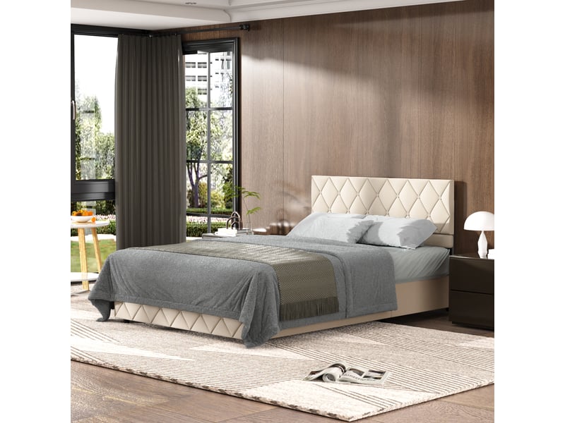  Lit adulte coffre 160x200 cm, tête de lit réglable, sommier, velours beige, sans matelas  - Conforama W