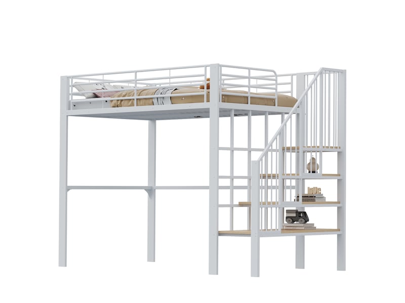  Lit mezzanine 200×140 cm avec espace de rangement sous le couchage et escalier, en métal et bois blanc  - Conforama E