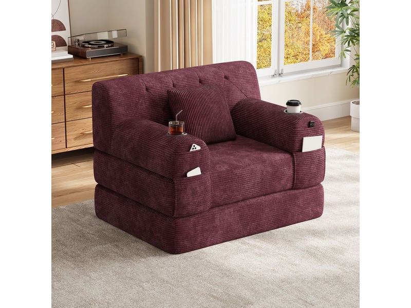 Canapé-lit 1 place 2 porte-gobelets couchage d'appoint dossier haut cadre métallique mousse haute densité velours côtelé format compressé 4 poches latérales coloris rouge vin - Conforama B