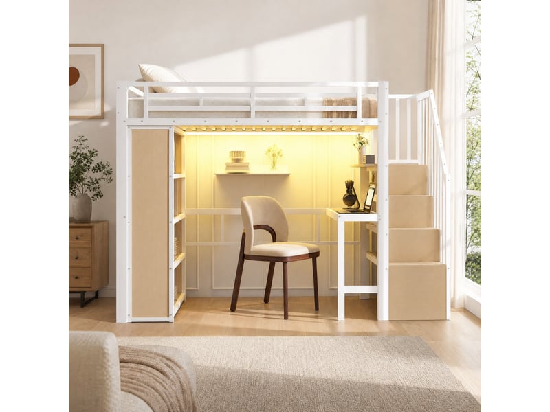  Lit mezzanine 1 place avec bureau, marches de rangement, étagères et led, 90x200 cm, sans matelas, blanc  - Conforama B