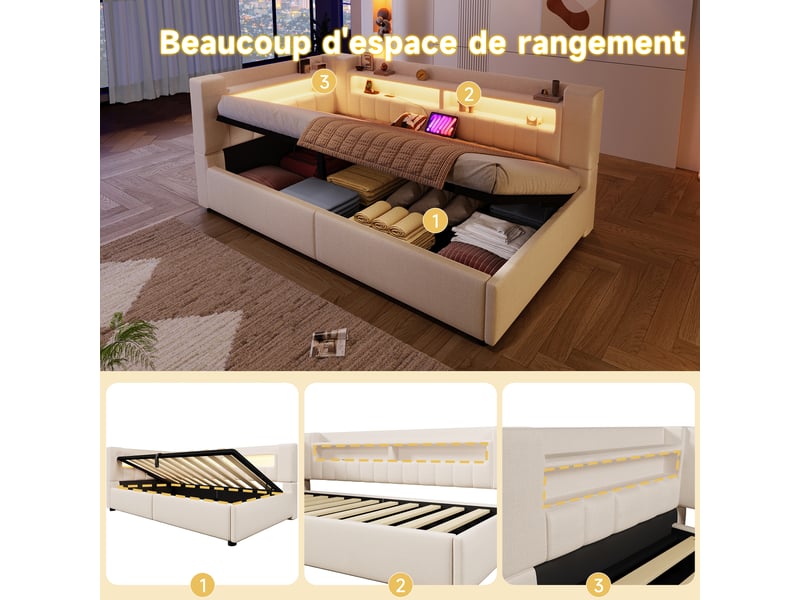 Lit coffre hydraulique 90x200 cm avec led et usb-c, tissu lin beige, structure mdf, sans matelas - Conforama R