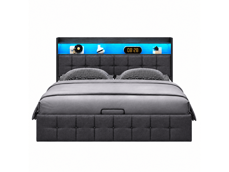  Lit coffre 140x200 avec rangement, cadre de lit double rembourré avec led et usb lit 2 personnes led avec prise lit adulte capitonné avec tête de lit et rangement hydraulique gris lin, sans matelas  - Conforama A