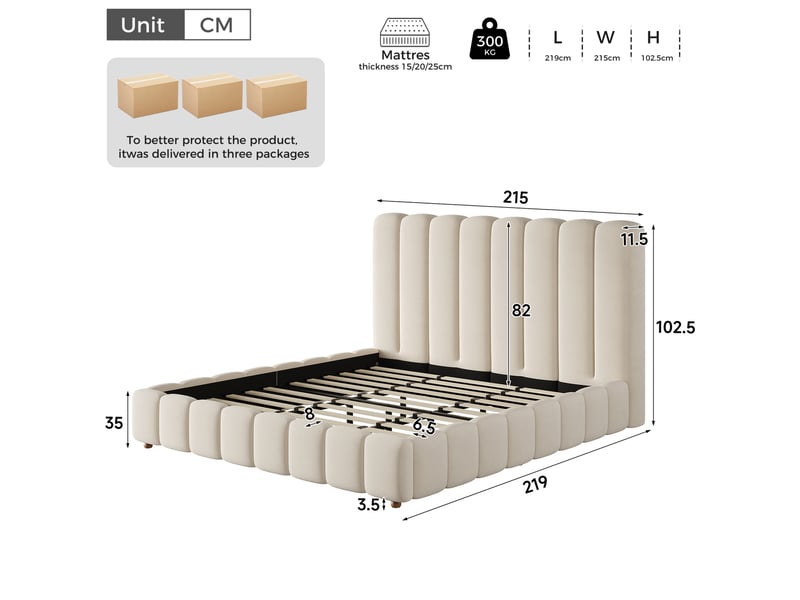  Lit double 200x200 cm, lit adulte en velours beige avec sommier à lattes, sans matelas  - Conforama C