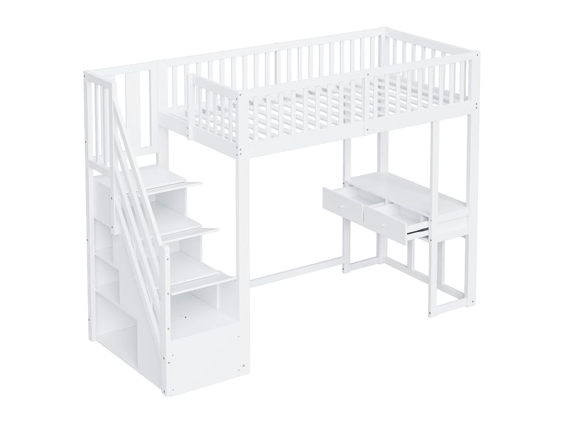  Lit mezzanine 90x200 blanc, lit mezzanine avec bureau et escalier de rangement, cadre en pin massif pour enfant et ado.  - Conforama D