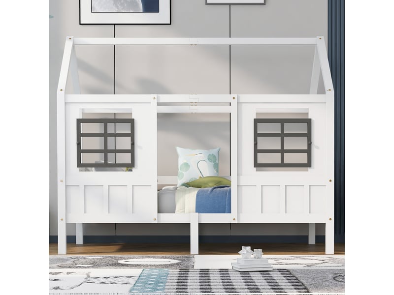  Lit enfant cabane 90x200 cm avec fenêtres de protection, blanc, pin et mdf  - Conforama E