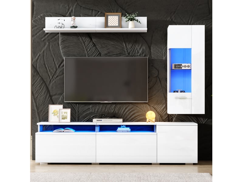  Ensemble meuble tv mural led 3 pièces 180 cm avec vitrine et étagère, design modulaire mdf blanc brillant  - Conforama B
