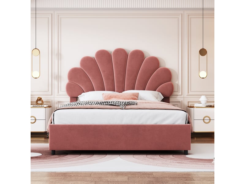  Lit coffre enfant 140x200 cm, espace de rangement, tête de lit réglable, sommier, velours rose, sans matelas  - Conforama B