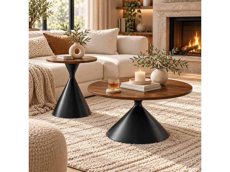 Tables basses gigognes rondes, avec 2 plateaux, empilables et style moderne pour salon et chambre, métal, noyer noir - Conforama D
