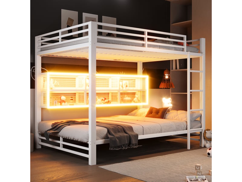  Lit superposé 140 x 200 cm, lit enfant à deux couchages, placard intégré, étagères ouvertes, éclairage led, barrières de sécurité, métal, blanc Morn Vibe - Conforama B