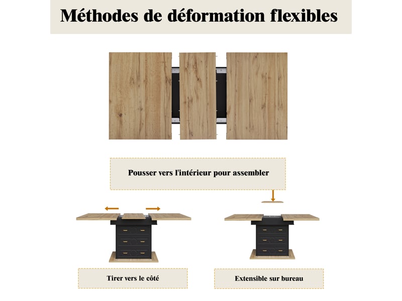  Table extensible avec 2 tiroirs et rangement pour salle à manger en mdf 110–140×80×75 cm bois naturel  - Conforama C