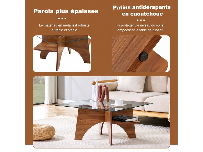  Table basse carrée 80 cm avec plateau en verre trempé et pieds en mdf effet noyer  - Conforama D