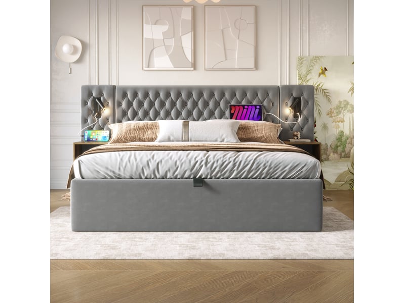  Lit coffre 160x200 avec matelas, 2 tables de chevet et liseuses gris cravdom  - Conforama C