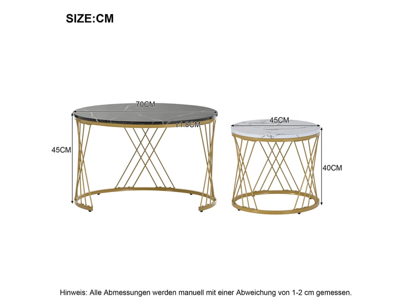  Ensemble de 2 tables basses gigognes modernes, en placage marbre, style gigogne, rondes, avec cadre doré.  - Conforama C