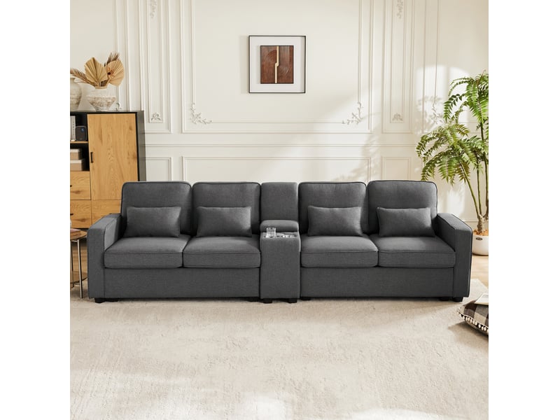  Canapé 4 places 290x83x88 cm avec console et usb, poches de rangement, bois et métal, gris foncé, design moderne  - Conforama B