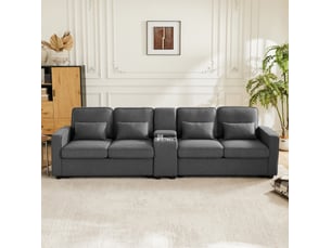 Canapé 4 places 290x83x88 cm avec console et usb, poches de rangement, bois et métal, gris foncé, design moderne
