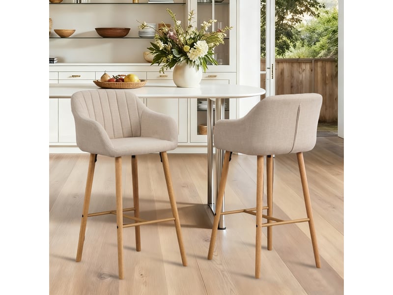  Tabouret de bar haut dossier accoudoirs lin beige 58 5x55x104 cm structure métal noir lot de 2 pour cuisine et îlot central evarich - Conforama E