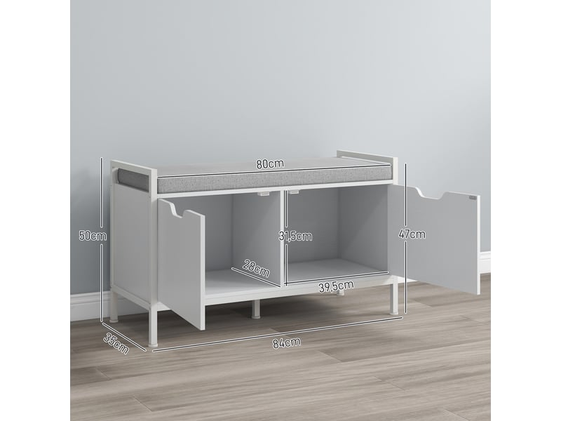  Banc meuble à chaussures, 2 placards, meuble d'entrée avec coussin rembourrée, 84l x 35p x 50h cm, blanc  - Conforama E