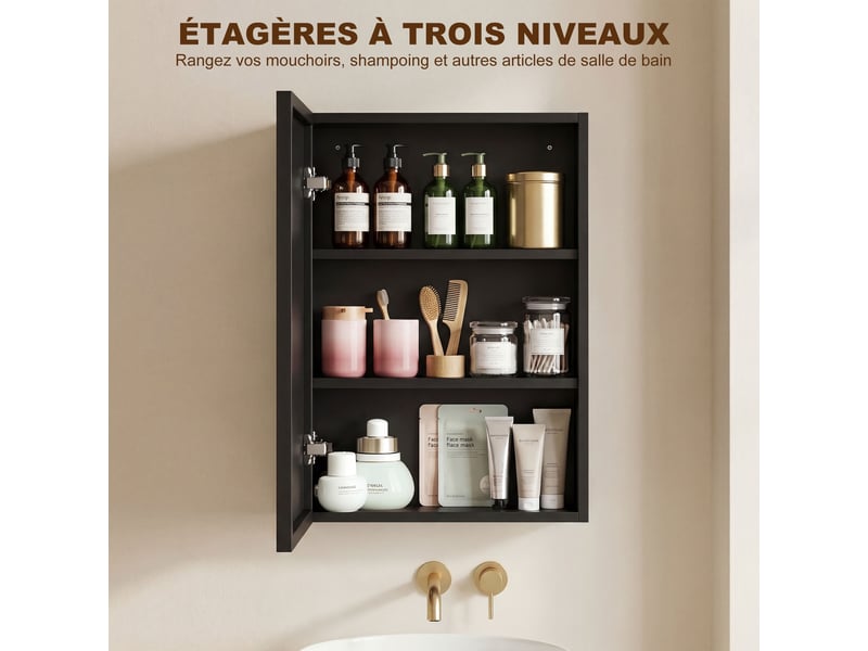 Armoire miroir de salle de bain armoire murale armoire à glace avec 1 porte et 2 étagères en acier noir 40 x 12 x 60 cm - Conforama D