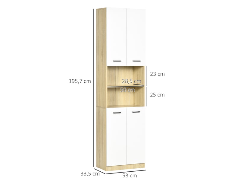  Armoire de salle de bain haute à 4 portes, 2 étagères ouvertes et étagères réglables, 53 x 33,5 x 195,7 cm, blanc et chêne  - Conforama E