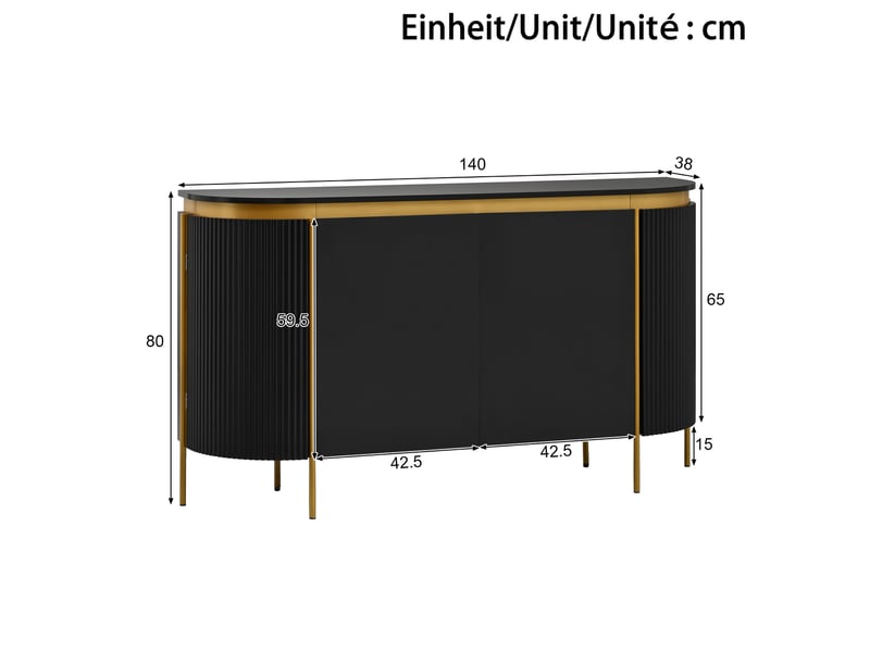  Buffet 4 portes 140x38x80cm ,façades rainurées, extrémités ovales, étagère et passe-câbles, mdf avec pieds métal,noir evarich - Conforama C