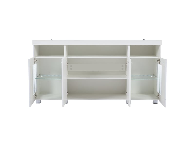  Buffet moderne blanc 140 x 40 x 70 cm avec led, meuble latéral brillant à 3 compartiments en verre trempé  - Conforama E