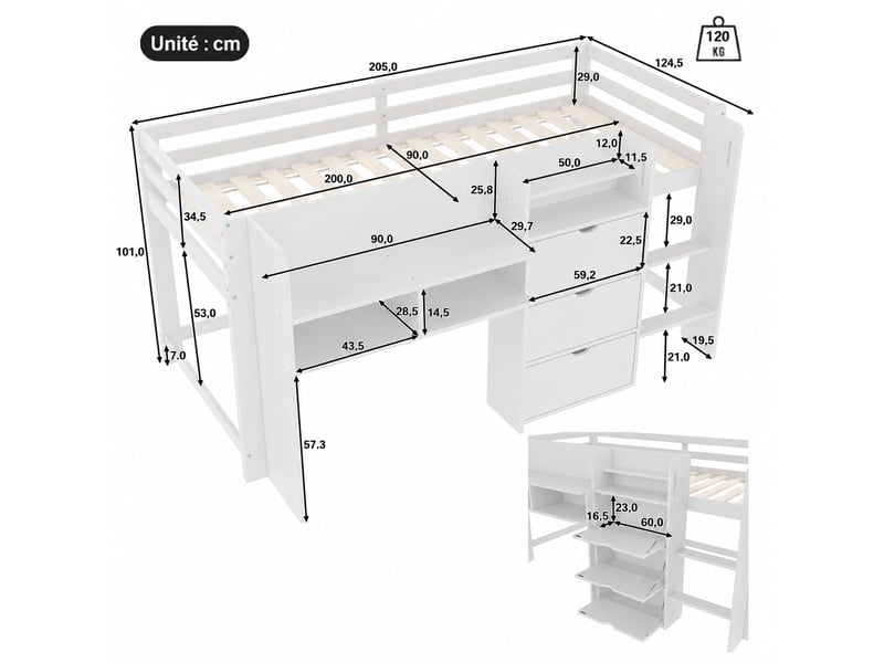 Lit enfant blanc avec rangements, mi-hauteur 90x200 cm, étagères et trois compartiments fermés, sans matelas - Conforama C