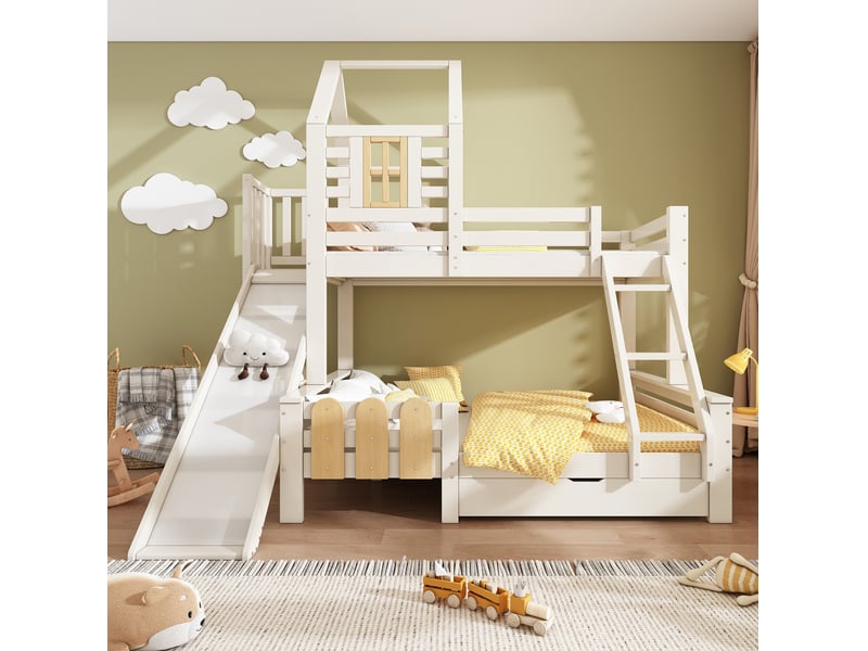  Modenvie lit superposé cabane 90x200 et 140x200 cm - avec toboggan, tiroir de rangement, sans matelas - blanc  - Conforama B