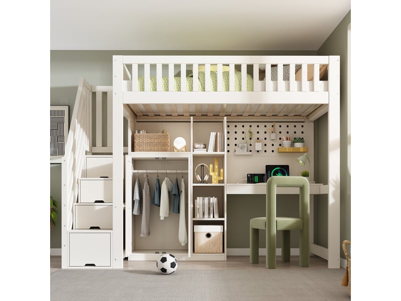  Lit mezzanine enfant 90x200 cm avec bureau armoire escalier de rangement étagères prises usb usb-c sommier pin mdf blanc evarich - Conforama B
