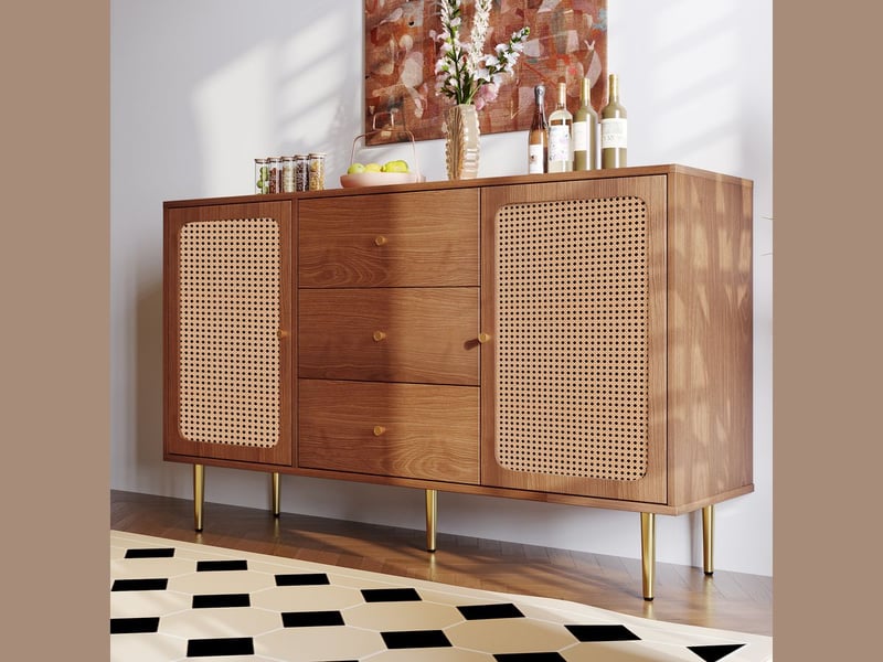  Buffet de cuisine design avec 2 portes et 3 tiroirs, 150 × 40 × 90 cm, effet noyer  - Conforama B