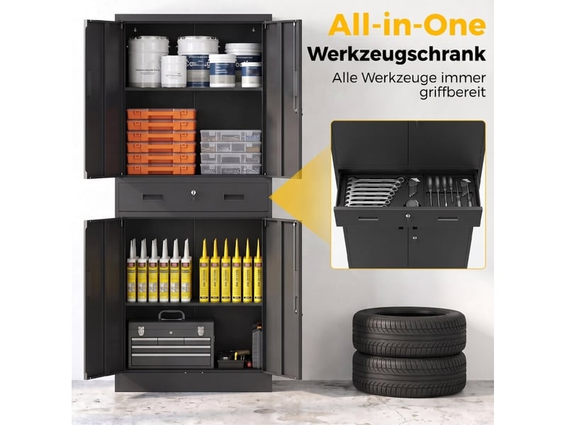  Armoire à outils en métal 75x40x180 cm – noir – portes verrouillables, tiroir et étagères réglables  - Conforama D