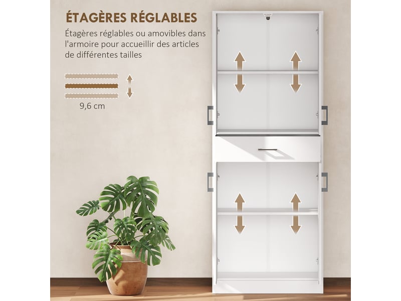  Buffet haut armoire de cuisine 4 portes 2 placards et 1 tiroir central hauteur 180 cm avec 2 réglables étagères blanc  - Conforama E