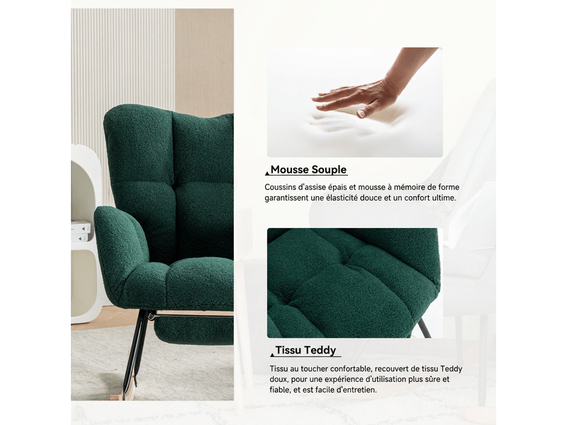Fauteuil à bascule vert rocking chair tissu teddy avec repose-pieds, 110kg, design moderne et ergonomique - Conforama W