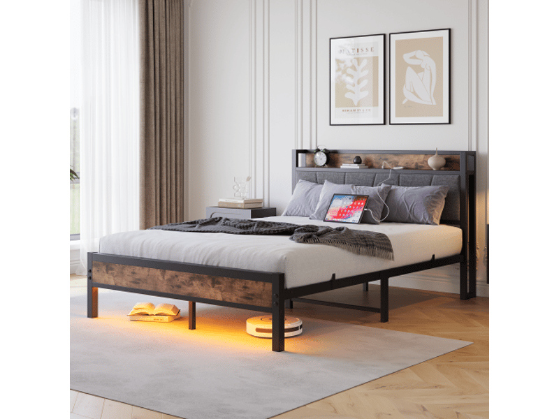 Cadre de lit 120x200 cm avec led et usb, plateforme à lattes métalliques sans sommier, silencieux, montage rapide - Conforama E