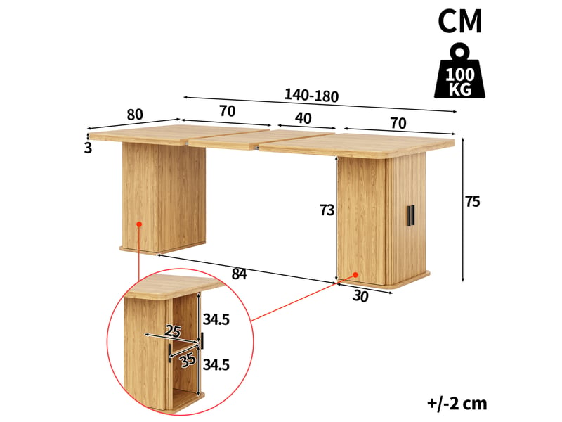  Table à manger extensible 140-180x80x75cm avec rangements des deux côtés, plateau effet bois, naturel evarich - Conforama C