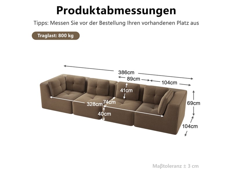 Canapé modulaire 4 places en velours côtelé marron 386x104x69 cm - Conforama C