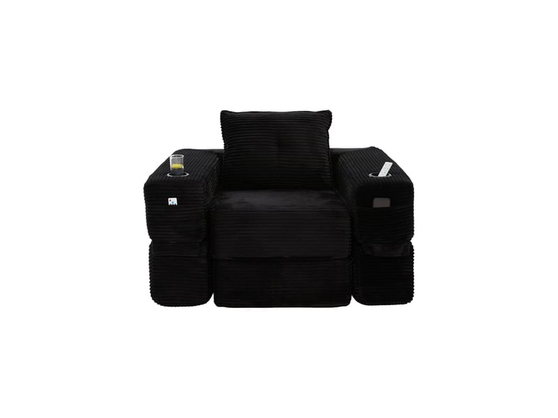  Canapé convertible 2 places en velours côtelé noir avec porte-gobelet et poches latérales  - Conforama A
