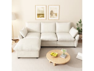 Canapé d'angle avec pouf, canapé 3 places en chenille beige, design moderne avec coussins pour salon et appartement, 222x154cm