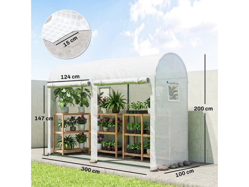  Serre de jardin, petite serre de balcon en bâche pe châssis acier, portes et fenêtres roulantes 300 x 100 x 200 cm blanc  - Conforama E