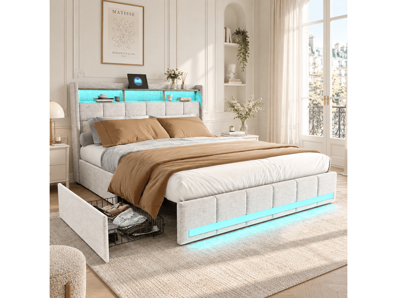  Lit double rembourré 140x190 cm, avec éclairage led, lit coffre avec 4 tiroirs, tête de lit avec 2 usb, 1 type c, sommier à lattes, lin, beige  - Conforama B