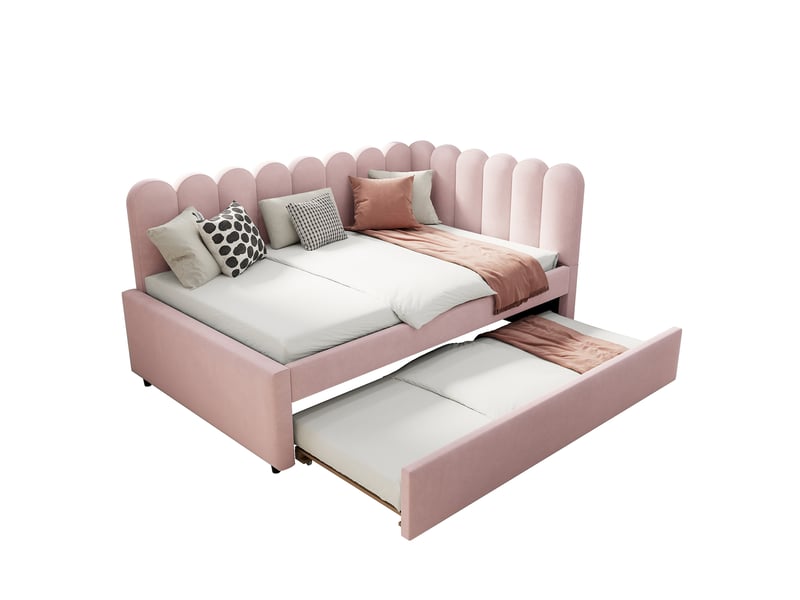  Lit banquette 140x200 cm – rose – lit gigogne à roulettes et dossier capitonné en velours – sans matelas  - Conforama A