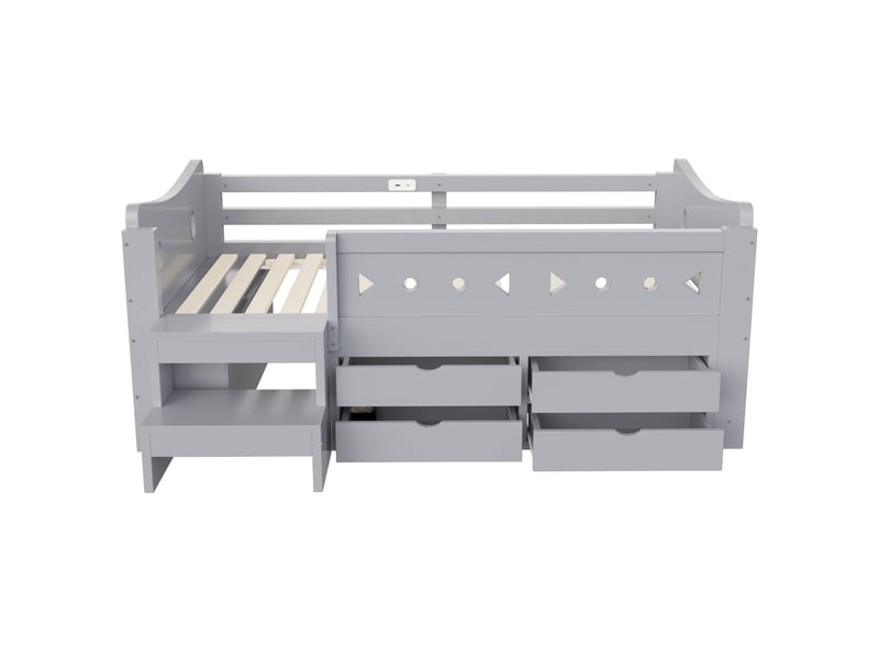 Lit jeune 90×200 cm gris, lit enfant avec rangements, tiroirs, barrières de sécurité et éclairage led intégré, lit fonctionnel pour chambre d’enfant  - Conforama A