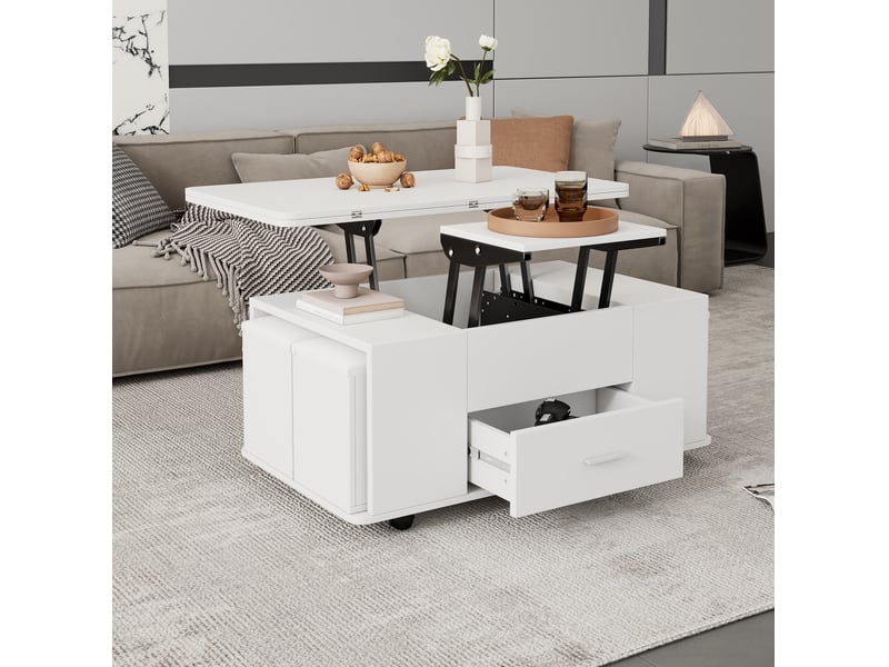  Table basse relevable extensible 100 x 50 cm avec 4 tabourets et tiroir, blanche  - Conforama E