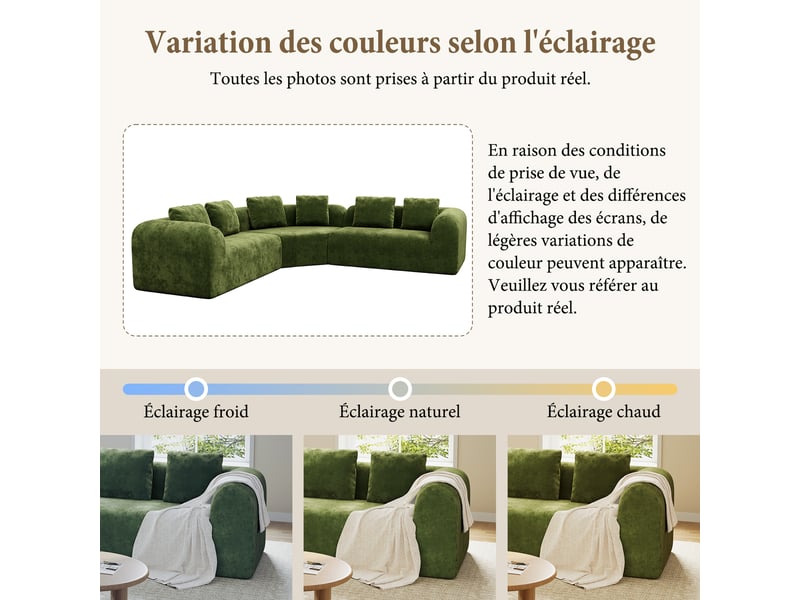 Canapé d'angle incurvé 3 places en tissu chenille premium,canapé compressé sans montage,mousse haute résilience,vert 326x97x66CM - Conforama W