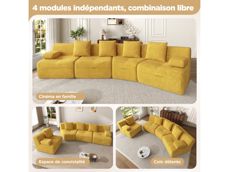  Canapé modulable 4 places, superbe canapé en velours côtelé jaune pour salon, design moderne, dimensions 311x90x65 cm, charge maximale 400 kg.  - Conforama E