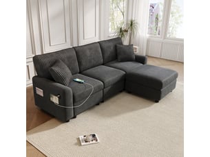 Canapé d'angle réversible 4 places 223 x 146 x 84 cm en chenille et velours côtelé avec pouf et usb-c - gris