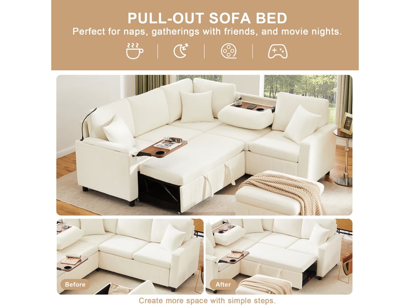  Canapé d'angle convertible en chenille, beige 205x205 cm, avec pouf coffre &amp; ports usb, lit d'appoint confortable pour salon &amp; chambre.  - Conforama E
