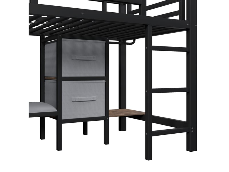  Lit mezzanine 90 × 200 cm, tiroir tissu, assise, crochets, led multicolore et garde-corps hauts, métal robuste, noir  - Conforama E