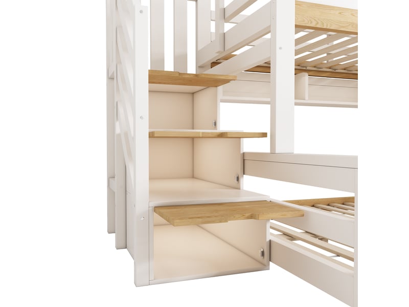  Lit superposé en forme de maison, lit supérieur 90 × 200 cm, lit inférieur 140 × 200 cm ; équipé d’un escalier de rangement et d’étagères, adapté aux familles nombreuses, blanche  - Conforama E