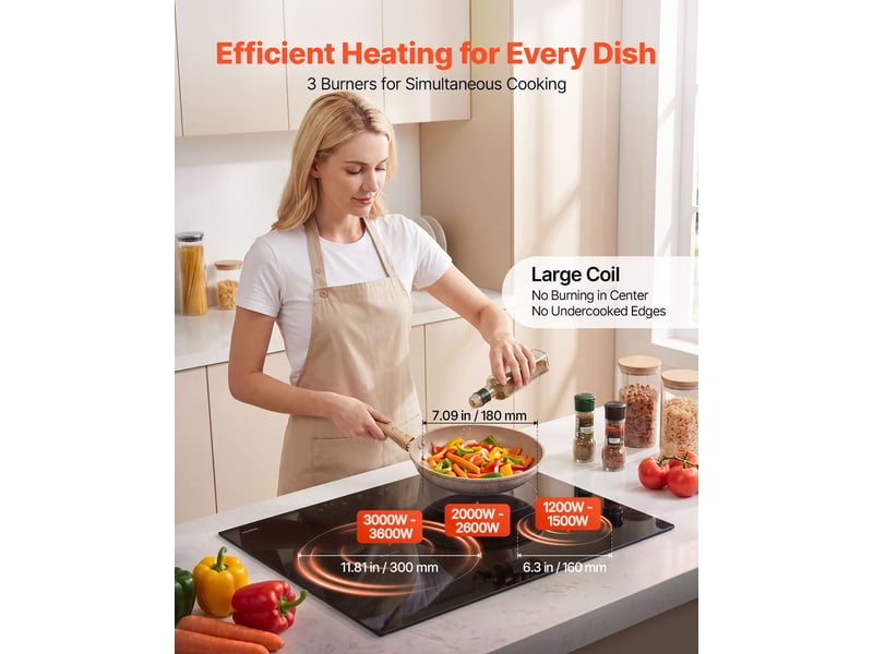  Vevor plaque à induction 3 foyers 59 cm encastrable 6200 w (boost 7200 w), 9 niveaux, écran tactile led, surface vitrocéramique, sécurité enfants SK-63IHB3T2 - Conforama B