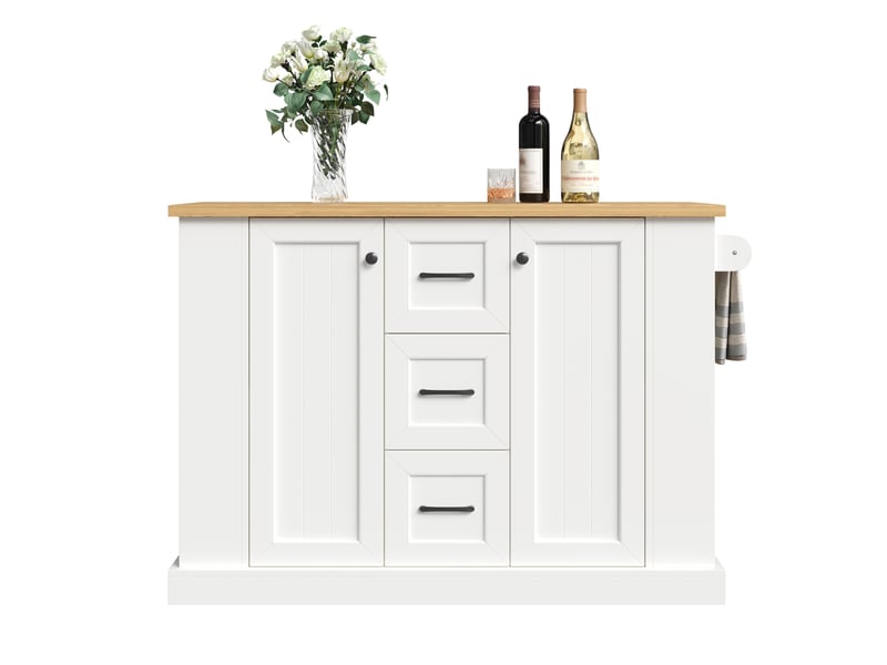 Îlot de cuisine mobile avec plateau rabattable et 2 portes 3 tiroirs 120x70x90 cm blanc - Conforama A